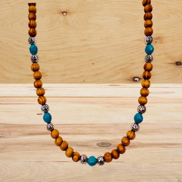 Wood bead necklace created with turquoise color beads and textured silver beads. - Picture 5 of 11